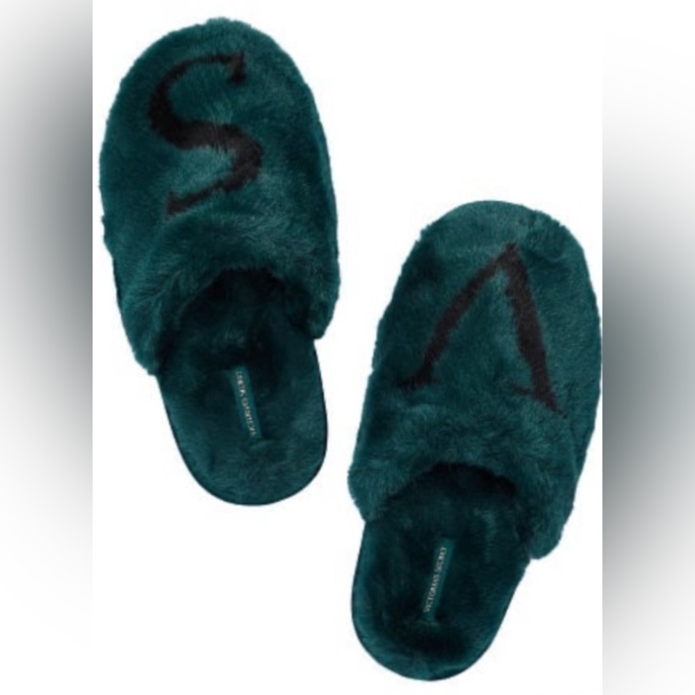 Victoria’s Secret Fuzzy Teal Slippers with Black Lettering